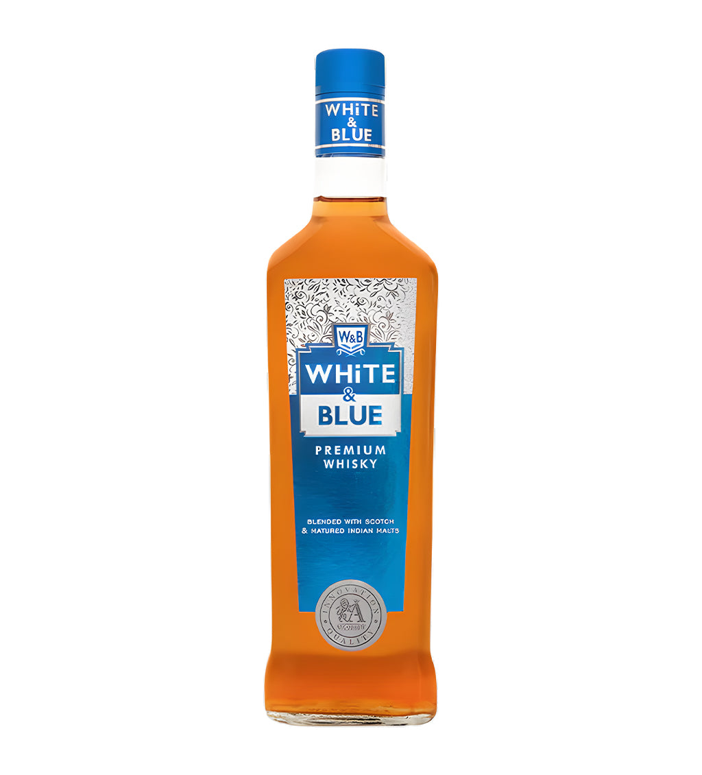 75cl reserve whisky, amber liquid, White & Blue branding with monogram, cinematic lighting, realistic reflections and shadows, neutral background