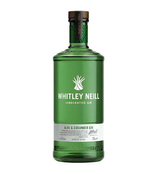 Whitley Neill Aloe & Cucumber Gin 1L green glass bottle on white background, white label with botanical illustrations