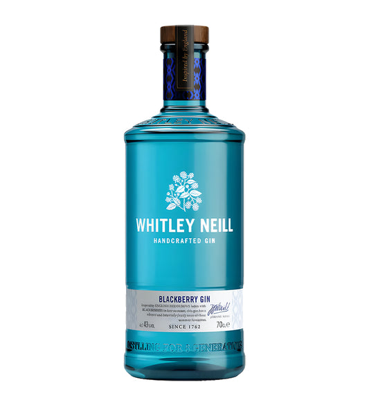 Whitley Neill Blackberry Gin 1L deep purple glass bottle on white background, white label with botanical illustrations