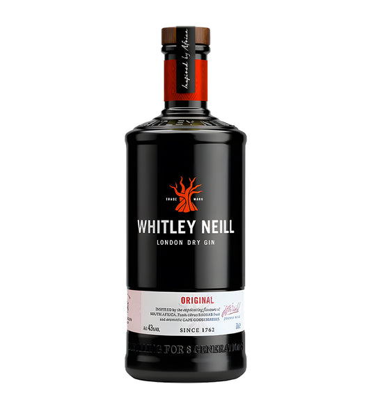 Whitley Neill London Dry Gin 1L matte black glass bottle on white background, white label with botanical design and brand logo