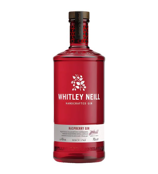 Whitley Neill Raspberry Gin 1L bright red glass bottle on white background, white label with botanical illustrations