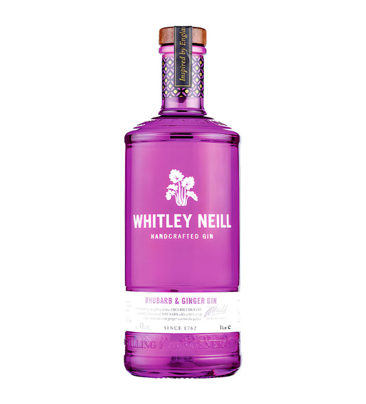 Whitley Neill Rhubarb & Ginger Gin 1L lavender purple glass bottle on white background, white label with botanical illustrations