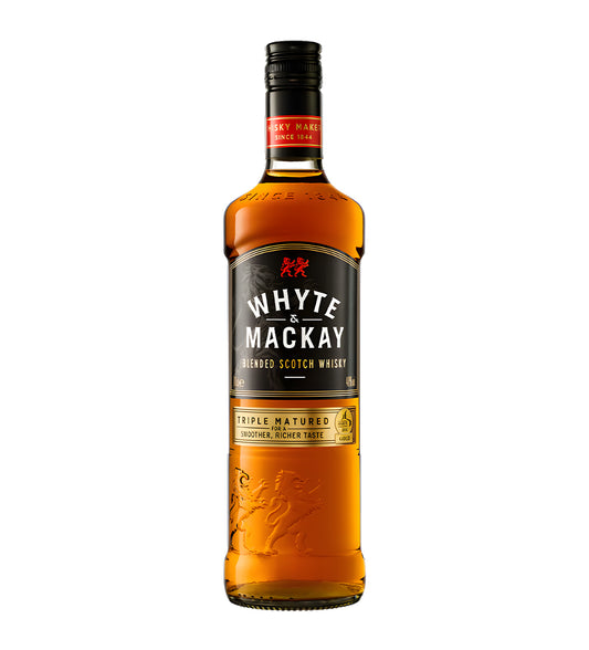 1L blended scotch, amber liquid, Whyte & Mackay label, cinematic product lighting emphasizing bottle and liquid, realistic reflections, soft shadows, clean background.