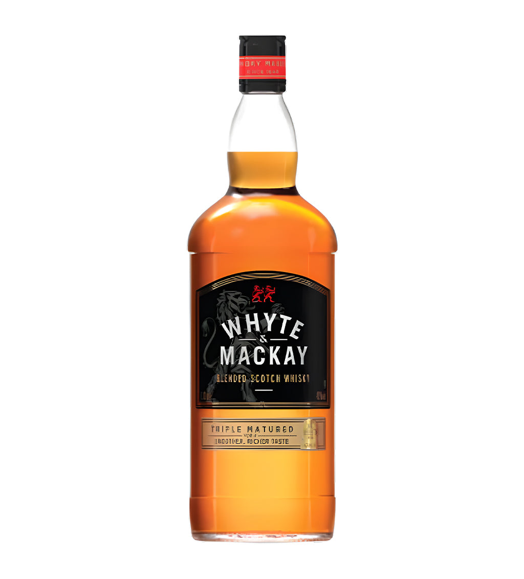 1.13L blended scotch, amber liquid, Whyte & Mackay label, cinematic lighting highlighting bottle and liquid clarity, realistic glass reflections, soft shadows, clean background.