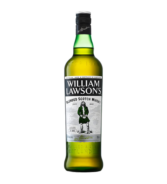 75cl blended scotch, amber liquid, William Lawson label, cinematic lighting emphasizing bottle design and reflections, soft shadows, neutral background.