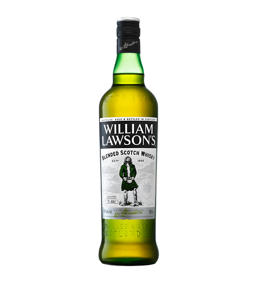 1L blended scotch, amber liquid, William Lawson branding, cinematic product lighting, realistic reflections and shadows, clean background.