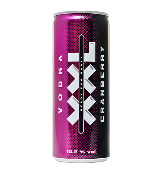 XXL Vodka Cranberry cocktail 25cl can on white background, red and silver design with fruit imagery and brand logo