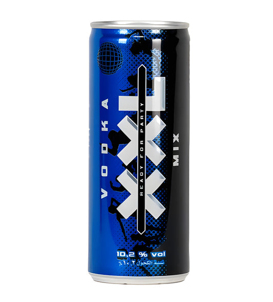 Blue can with white text on a white background
