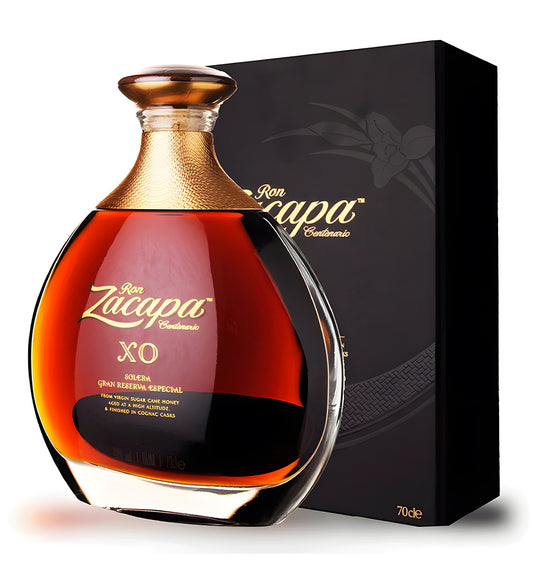 Zacapa Centenario XO Rum 70cl elegant decanter-style bottle with gold label on white background