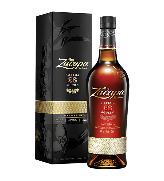 Zacapa Centenario 23 Year Gran Reserva Rum 1L dark bottle with woven band and gold label on white background