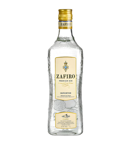  Zafiro Classic Gin 1L clear glass bottle on white background, blue and silver label with brand logo