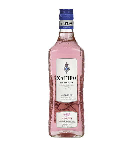  Zafiro Strawberry Gin 1L clear glass bottle on white background, pink liquid with blue and silver label featuring strawberry imagery