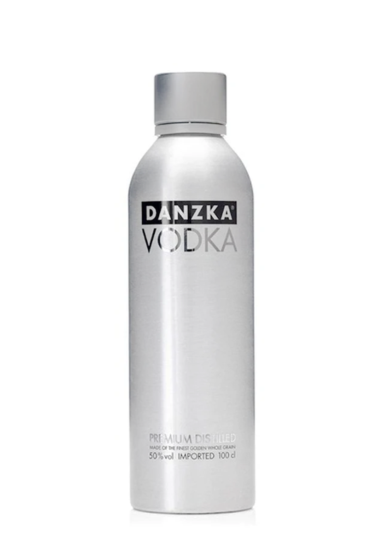 A bottle of Danzka Vodka with a black label on a white background.