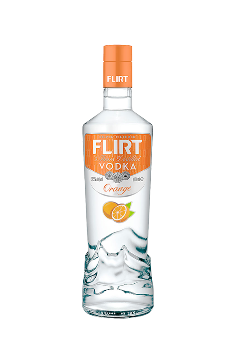 A bottle of Flirt Orange Vodka with a clear body and an orange cap, labeled with the brand name and flavor.