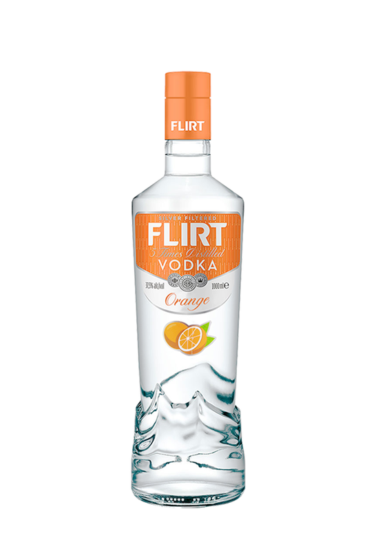 A bottle of Flirt Orange Vodka with a clear body and an orange cap, labeled with the brand name and flavor.