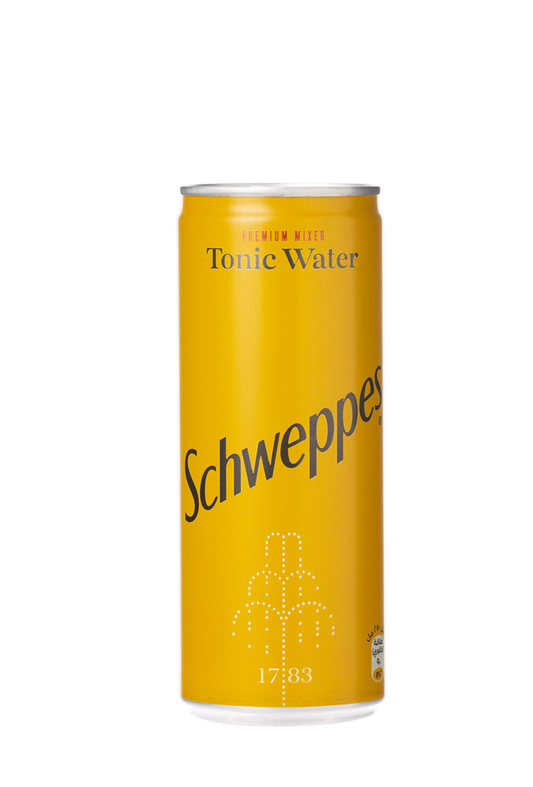 Yellow can of Schweppes tonic water